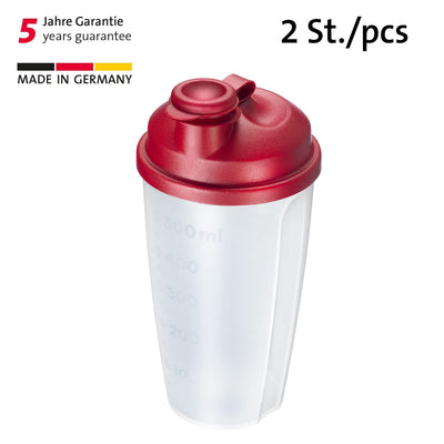 Westmark 2 Mix- und Schüttelbecher/Dressingshaker mit Mess-Skala, herausnehmbarer Mixscheibe und verschließbarem Ausgießer, Fassungsvermögen: 0,5l, Kunststoff, BPA-frei, Farbe: Transluzent/Rot
