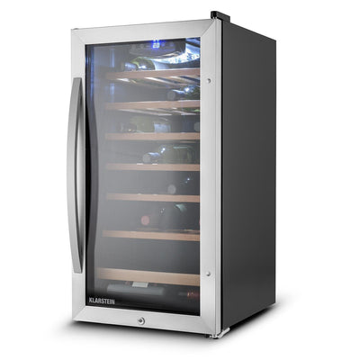 Klarstein Vivo Wine 26 Wine Cellar - Beverage cooler, 26 bottles, 88 L, LED, temperature control, Interchangeable hinge, Door on both sides, stainless steel, Silver