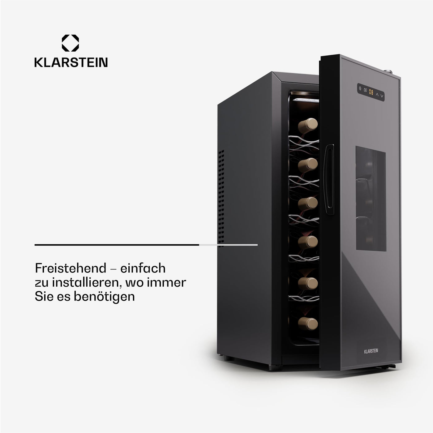 Klarstein Freistehender Weinkühlschrank 1 Zone, Getränkekühlschrank Klein, Kleiner Weinschrank, Wein-Kühlschrank Klein mit Glastür, Indoor/Outdoor Flaschenkühlschrank, Wine Fridge, 12 Flaschen