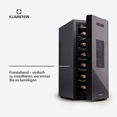 Klarstein Freistehender Weinkühlschrank 1 Zone, Getränkekühlschrank Klein, Kleiner Weinschrank, Wein-Kühlschrank Klein mit Glastür, Indoor/Outdoor Flaschenkühlschrank, Wine Fridge, 12 Flaschen