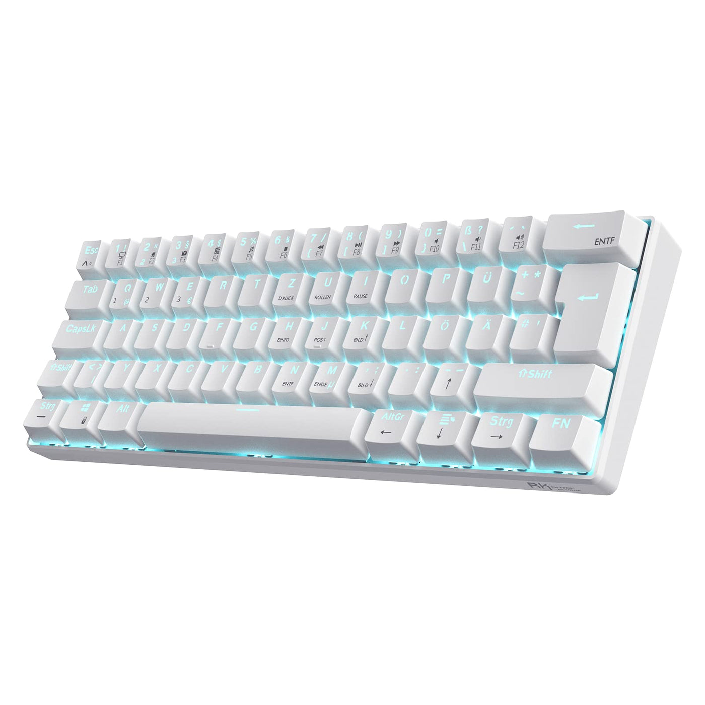 RK ROYAL KLUDGE RK61-DE 60% Bluetooth/kabelgebundene / 2.4Ghz kabellose mechanische Tastatur, 61 Tasten, Hot-Swap-fähige Blaue Schalter Gaming-Tastatur für Win/Mac, Weiß, QWERTZ Deutsches Layout