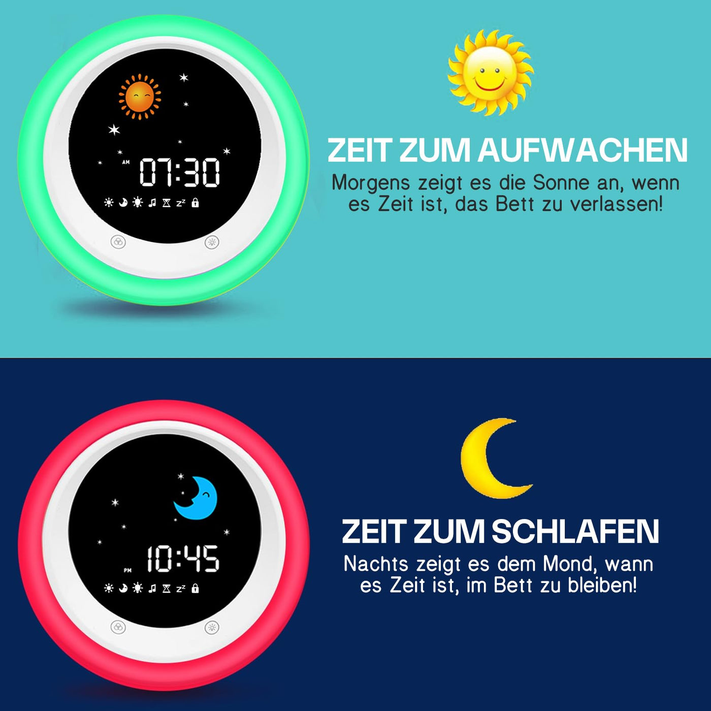 I·Code Wecker Kinder, Kinder Schlaftrainer Kinderwecker mit Nachtlicht, Schlaf Sound Maschine, Schlaf Timer