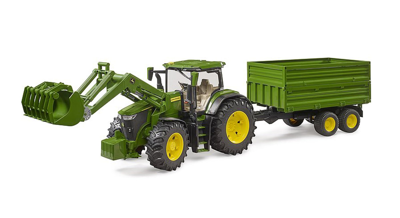 bruder 03155 - John Deere 7R 350 mit Frontlader und Tandemachstransportanhänger - 1:16 Fahrzeug, Traktor, Bulldog, Schlepper, Trecker, Landwirtschaft, Bauernhof, Anhänger, Kipper, bworld, Spielzeug