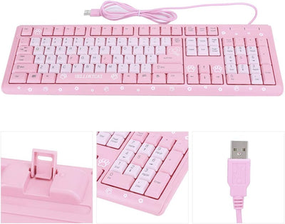 Sxhlseller 104 Tasten USB Wired Keyboard, QWERTY Ultra Thin Cartoon Computer Keyboard, wasserdichte Universal Mechanische Tastatur für Home Business Office Game(Rosa)