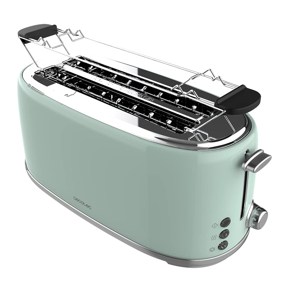 Cecotec Toaster 4 Scheiben Toast&Taste 1600 Retro Double Green, 1630 W, 2 Breite und Lange Schlitze von 3,8 cm, Edelstahl, Obere Roste, Regulierbare Leistung, Krümelschublade