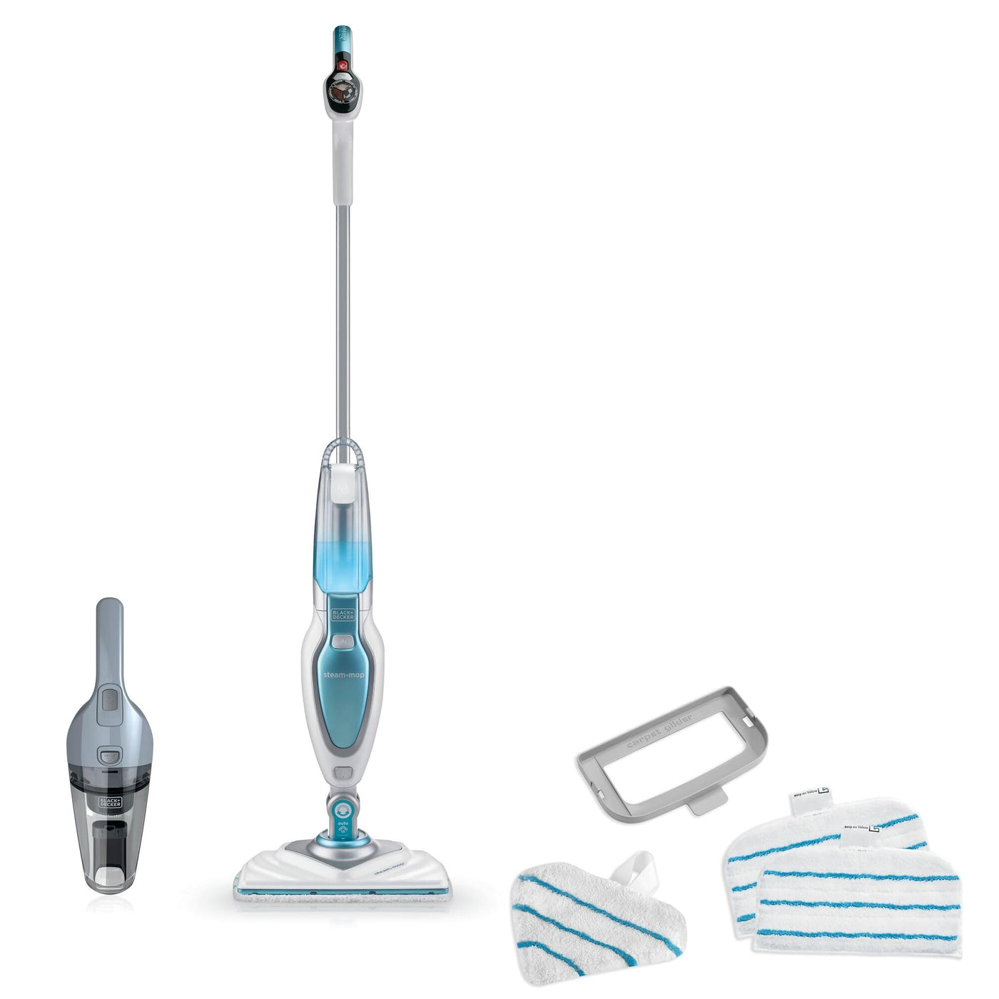 BLACK+DECKER 1600W Dampfreiniger Steam Mop Deluxe (selbststehender Dampf Mop für versiegelte Hartböden, Bodenreinigung mit waschbarem Microfaser-Pad, 180° drehbarer, herausnehmbarer Fuß) FSM1630-QS