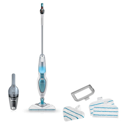 BLACK+DECKER 1600W Dampfreiniger Steam Mop Deluxe (selbststehender Dampf Mop für versiegelte Hartböden, Bodenreinigung mit waschbarem Microfaser-Pad, 180° drehbarer, herausnehmbarer Fuß) FSM1630-QS