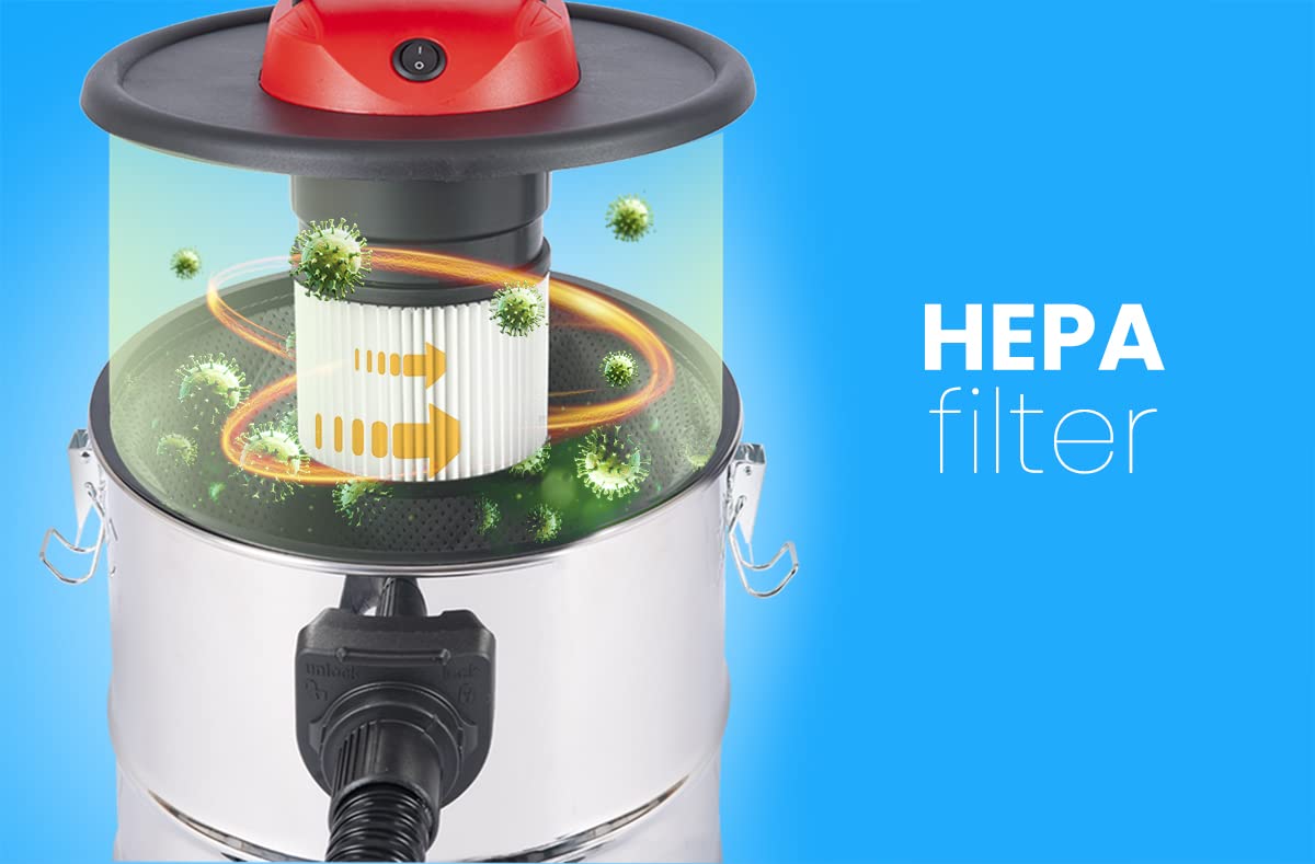 Lehmann Haddo Industriestaubsauger 2000W | Aschesauger für Kamin mit Doppelfilteranlage | Kaminsauger Ascheschlucker | Nass Trockensauger mit 20 Liter Edelstahltank, Silber