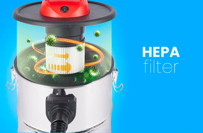 Lehmann Haddo Industriestaubsauger 2000W | Aschesauger für Kamin mit Doppelfilteranlage | Kaminsauger Ascheschlucker | Nass Trockensauger mit 20 Liter Edelstahltank, Silber