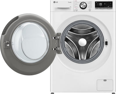 LG F2V7SLIM9, Klasse A, Waschmaschine Slim 9 kg, 60x47.5x85 cm, Wi-Fi, AI Direct Drive, Tiefenreinigung mit Dampf, TurboWash 360°, Außentür aus Gehärtetem Glas, Weiß mit Schwarzem Bullaugenring