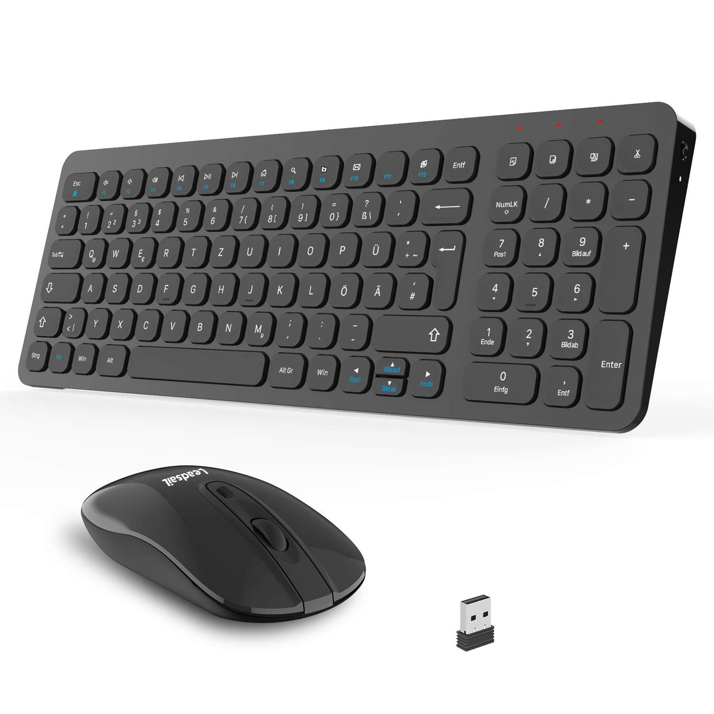 Kabellose Tastatur und Maus, LeadsaiL Tastatur Maus Set Kabellos, Flüsterleiser Tastenanschlag, 2.4 GHz QWERTZ Deutsches Layout mit 2-in-1 USB Nano Empfänger, für PC, Desktop, Laptop, Windows, Mac