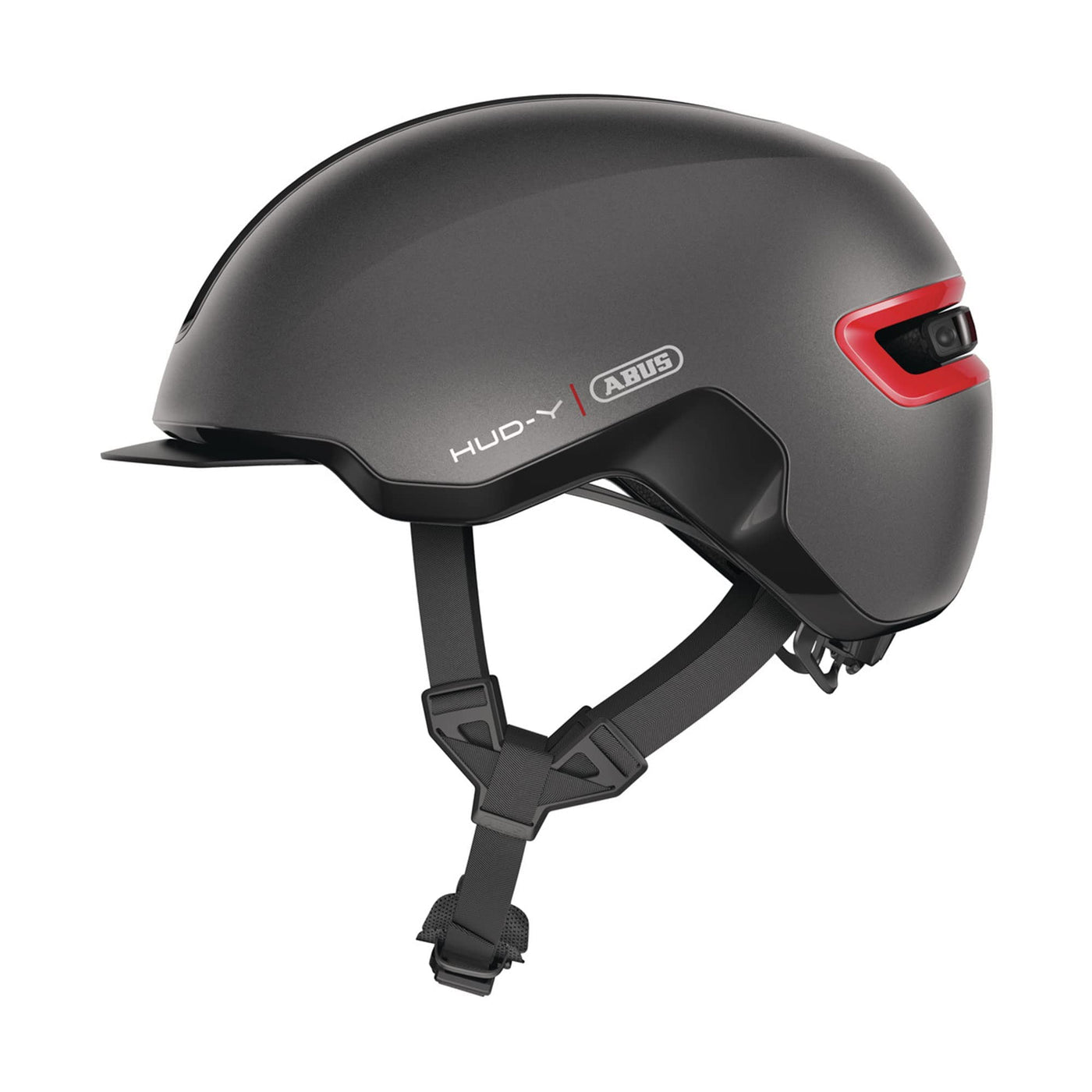 ABUS Urban Helm HUD-Y - mit magnetischem, aufladbarem LED-Rücklicht & Magnetverschluss - cooler Fahrradhelm für den Alltag - für Damen und Herren - Titan/Rot Matt, Größe M