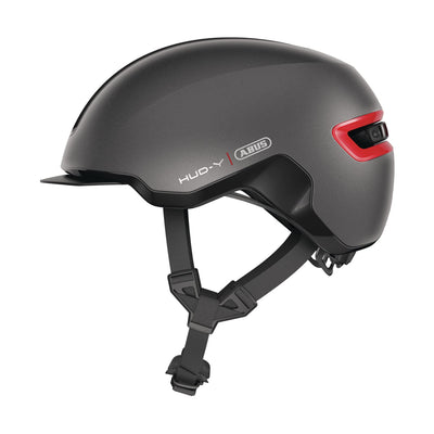 ABUS Urban Helm HUD-Y - mit magnetischem, aufladbarem LED-Rücklicht & Magnetverschluss - cooler Fahrradhelm für den Alltag - für Damen und Herren - Titan/Rot Matt, Größe M