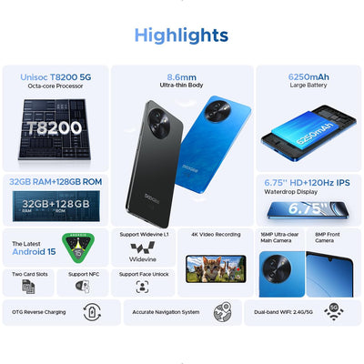 DOOGEE Note59 Smartphone 5G Android 15, 32GB RAM + 128GB ROM, 6250mAh Akku, Display 6.75 Zoll HD+ 120Hz, AI Kamera 16MP, Octa-Core, Dual SIM, NFC, Handy Ohne Vertrag, 2025, Schwarz