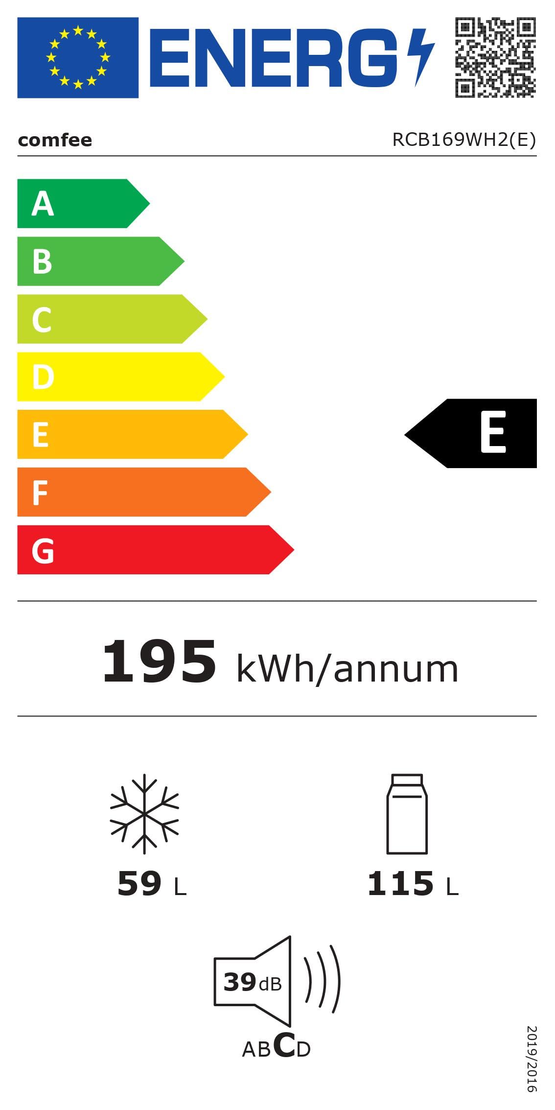 Comfee RCB169WH2(E) Kühl-/Gefrierkombination/150 cm Höhe/Low Frost/Einstellbare Kühlschranktemperatur/LED-Licht/195 kWh/Jahr/115L Kühlteil/59L Gefrierteil/Weiß
