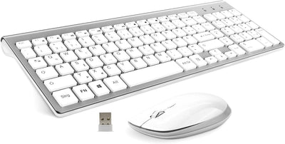 Tastatur Maus Set Kabellos - 2.4Ghz USB Funk Tastatur QWERTZ (Deutsch) Layout Ergonomisch Klein Maus Ultra-Dünne Wireless Keyboard Mouse für Computer/Desktop/PC/Laptop/Smart TV/Windows- Weiß Silber