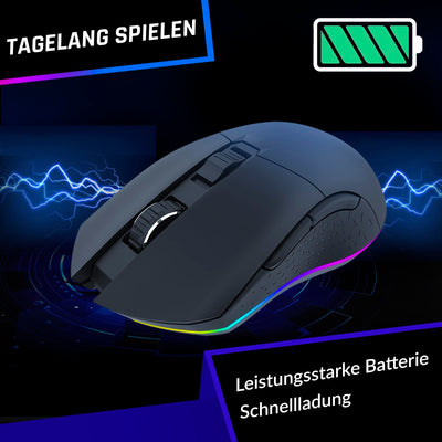 KLIM Blaze - Wiederaufladbare kabellose RGB Gaming Maus - NEU 2023 - Hochpräziser Sensor mit Langer Akkudauer - Einstellbar auf bis zu 10000 DPI - Kabel- und Funk Maus Modus (Schwarz)