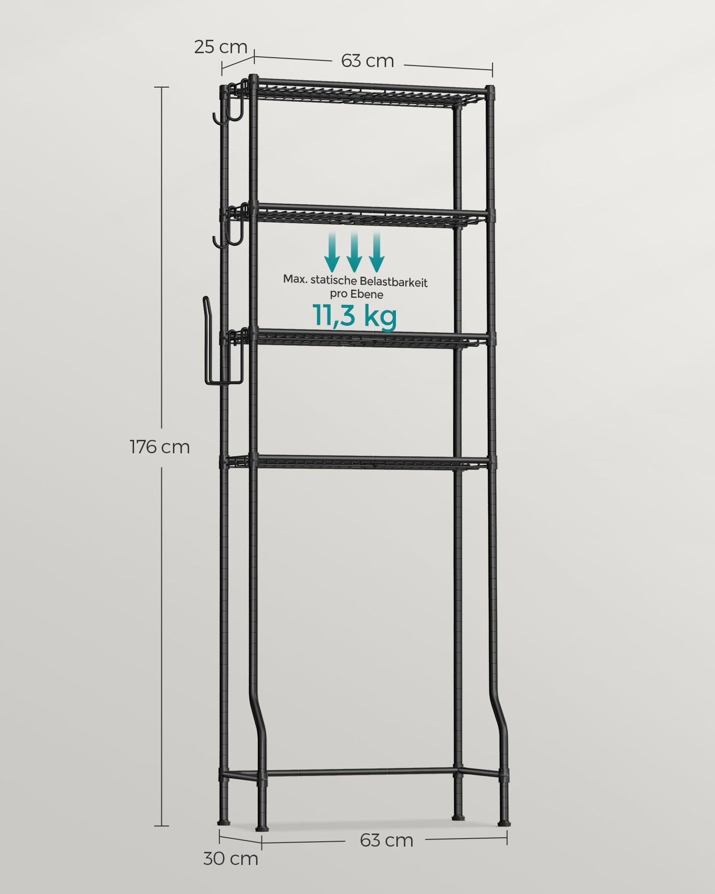SONGMICS 4-stöckiges Toilettenregal, Badezimmerregal, Waschmaschinenregal, verstellbare Ablagen, mit Haken, Toilettenpapierhalter, platzsparend, 30 x 63 x 176 cm, schwarz BTS013B01