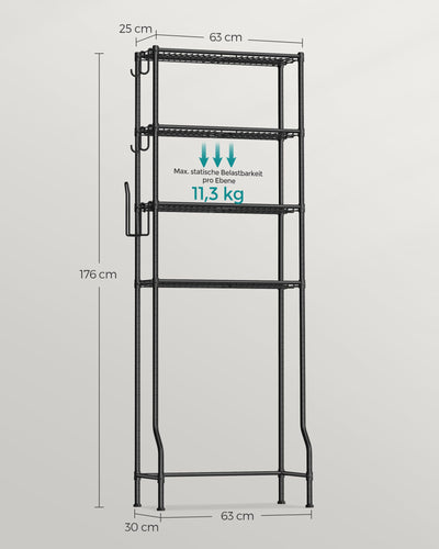 SONGMICS 4-stöckiges Toilettenregal, Badezimmerregal, Waschmaschinenregal, verstellbare Ablagen, mit Haken, Toilettenpapierhalter, platzsparend, 30 x 63 x 176 cm, schwarz BTS013B01