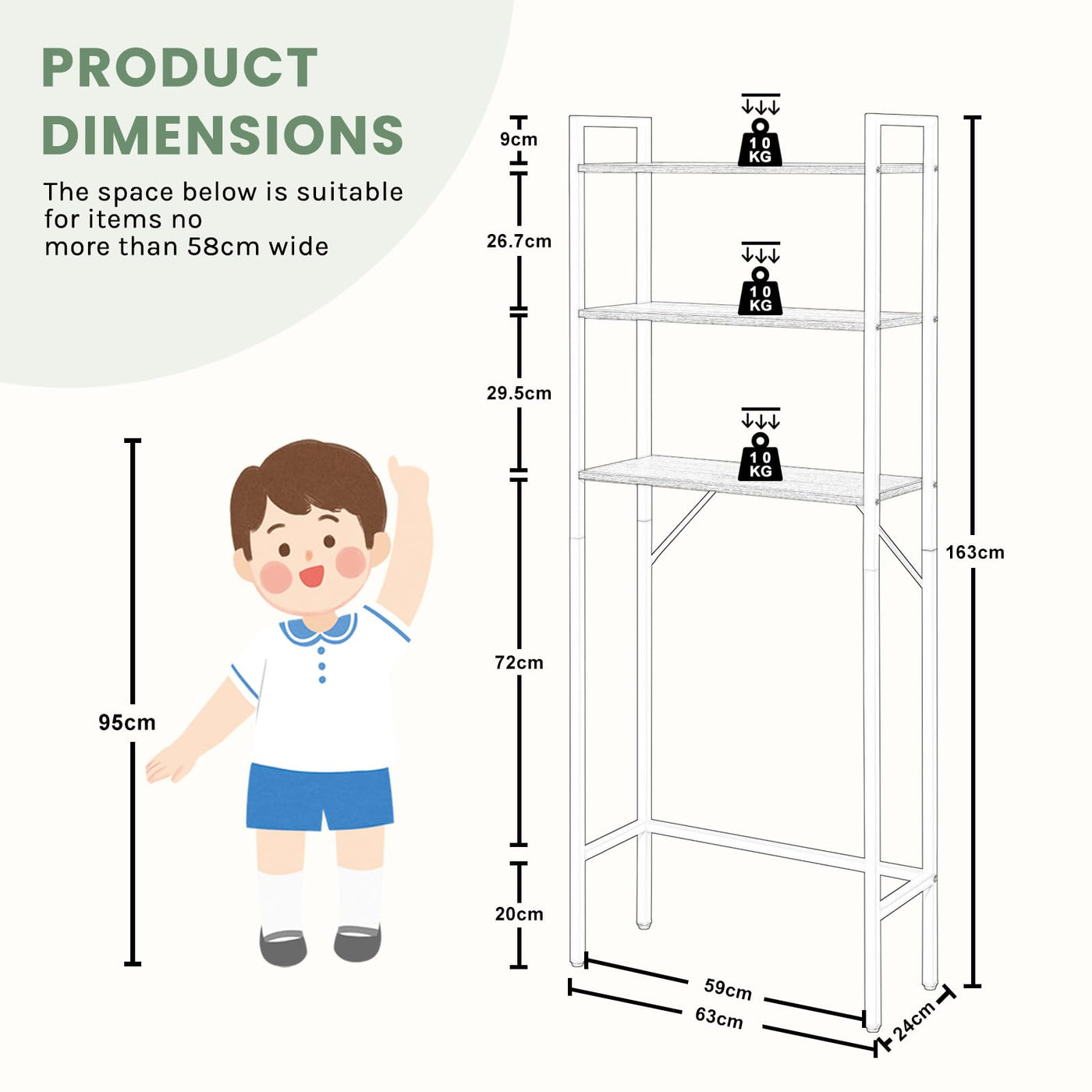 EUGAD Waschmaschinenregal, WC Regal über Waschmaschine Toilette, Waschmaschinenschrank Überbauschrank, Toilettenschrank, 3 Ablagen, Handtuchhalter, Metall Holzwerkstoff, 67x162x40 cm, Weiß