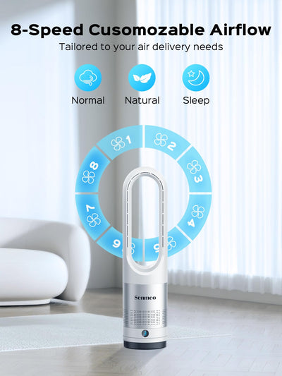 Senmeo Rotorloser Ventilator, 55cm Turmventilator sehr Leise, 8 Geschwindigkeiten, 90° Oszillation, 9H Timer, LED-Anzeige