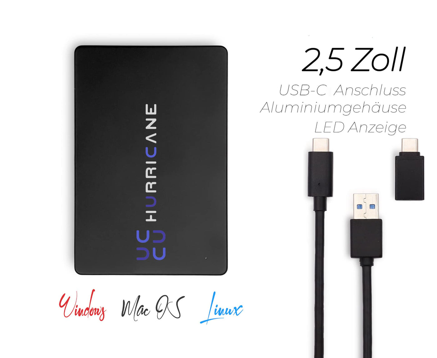 HURRICANE MD25C3 1TB Externe Festplatte 2,5" USB-C, tragbare Speicherplatte für Fotos TV Laptop PS4 PS5 Xbox kompatibel mit Windows Mac Linux - schwarz