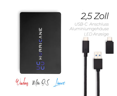 HURRICANE MD25C3 1TB Externe Festplatte 2,5" USB-C, tragbare Speicherplatte für Fotos TV Laptop PS4 PS5 Xbox kompatibel mit Windows Mac Linux - schwarz