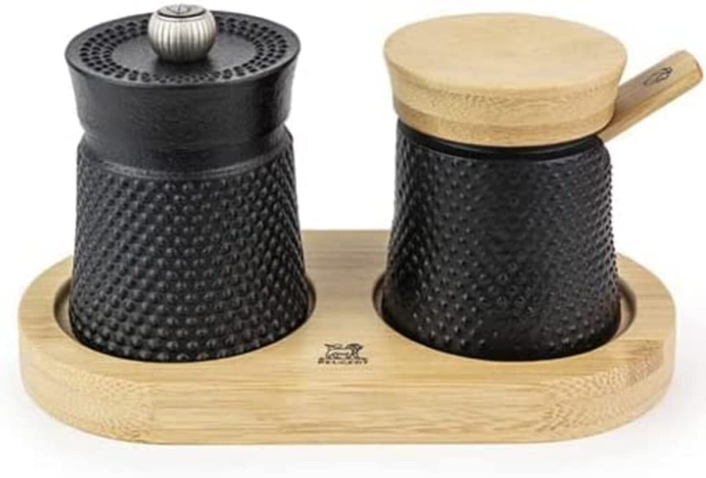 PEUGEOT - Geschenkset Bali Palais des Épices - Pfeffermühle 8 cm aus Gusseisen + Salzbehälter aus Gusseisen + Bambustablett - Klassische Mahlgradeinstellung - Schwarz/Naturfarben