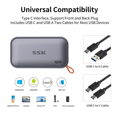 SSK 1 TB tragbare Externe NVME-SSD, bis zu 1050 MB/s, Extreme Übertragungsgeschwindigkeit, USB 3.2 Gen 2 Solid State Drive für Typ-C-Smartphones, PS5, Xbox, Laptop, MacBook/Pro/Air und mehr