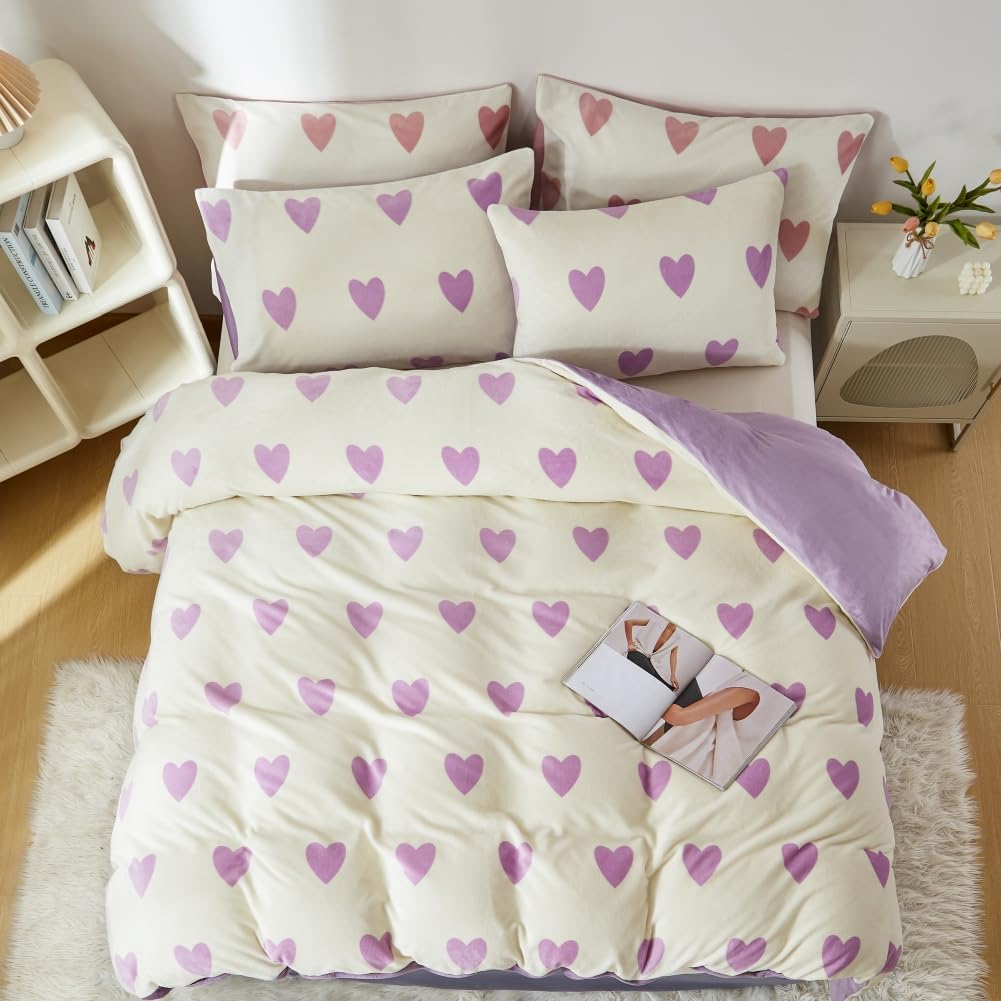 Covebett Winter Bettwäsche Flanell 200x200 Herzen Lila Weiß Warme Biber Plüsch Wende Winterbettwäsche 3teilig, Flauschig Fleece Mädchen Bettbezug und 2 Kissenbezug 80x80 mit Reißverschluss