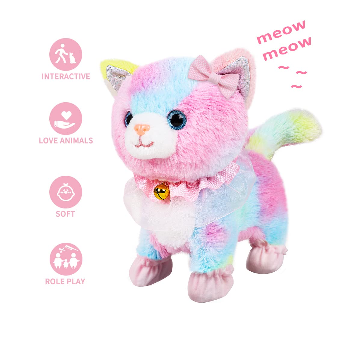 RuiDaXiang Plüschtierkatze mit Ferngesteuerter Leine, realistische interaktive Haustierkatze,die läuft und inklusive Katzenzubehör(Bunt Katze)