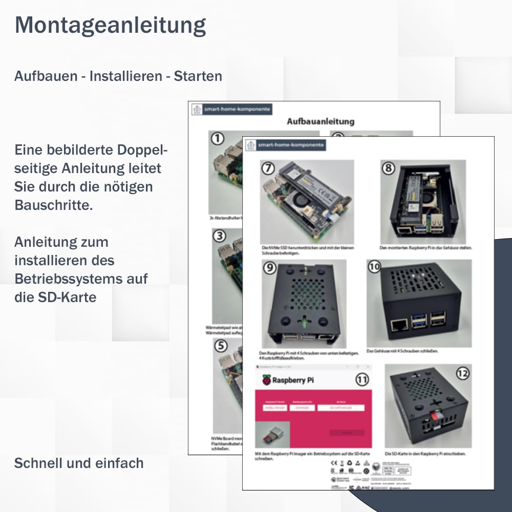 Raspberry Pi 5 8GB PCIe M.2 NVMe - Kit | Metallgehäuse | Active Cooler | M.2 NVMe SSD PCIe Board | USB-C 27W Netzteil | 64GB SD Karte | 4K Micro HDMI Kabel