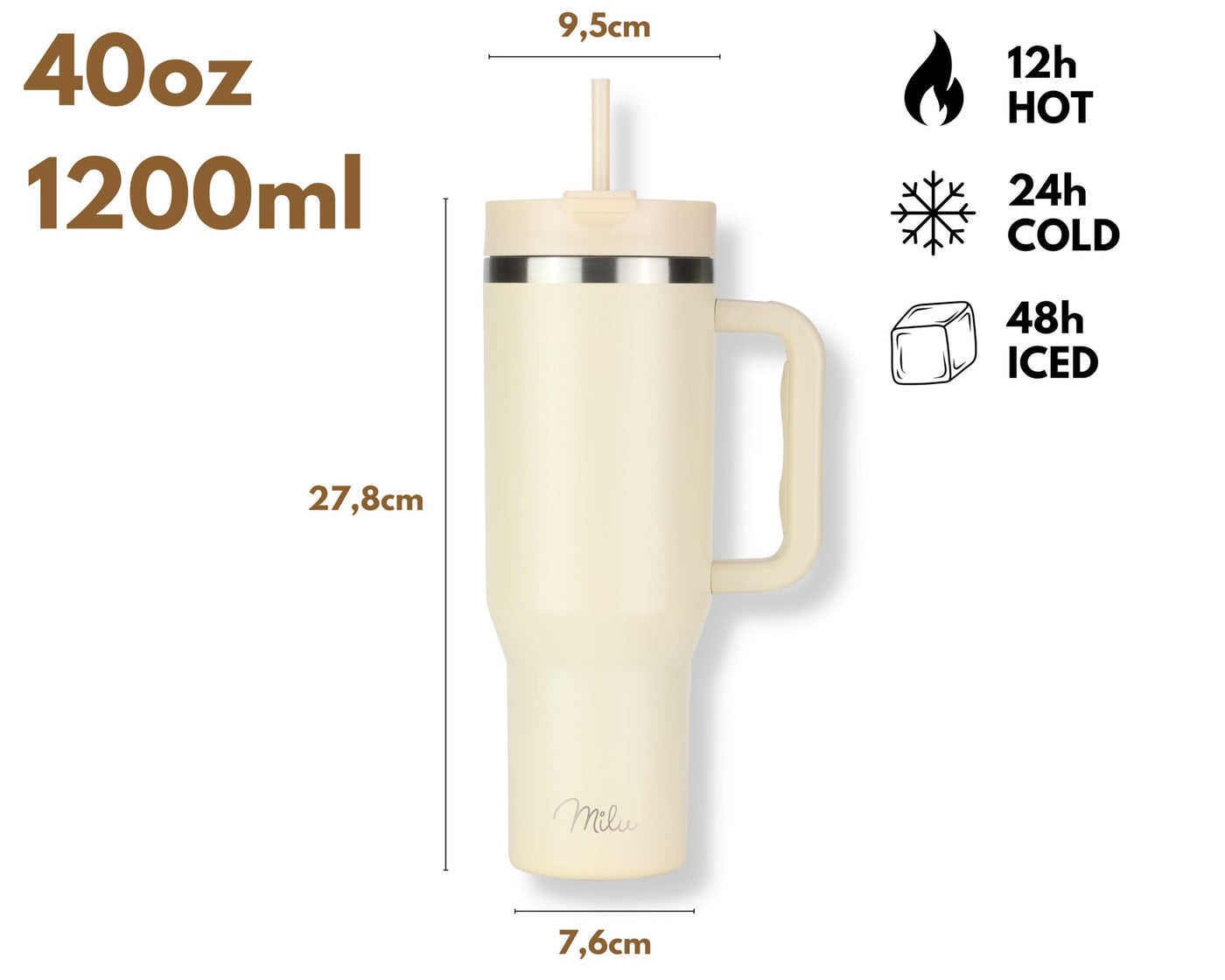Milu Thermobecher 1200ml mit Strohhalm und Henkel – 48h Eis/24h kalt/12h heiß Edelstahl Tumbler 40oz mit Griff - Isolierbecher to go - Isolierflasche Trinkflasche doppelwandig isoliert (Beige, 1,2L)