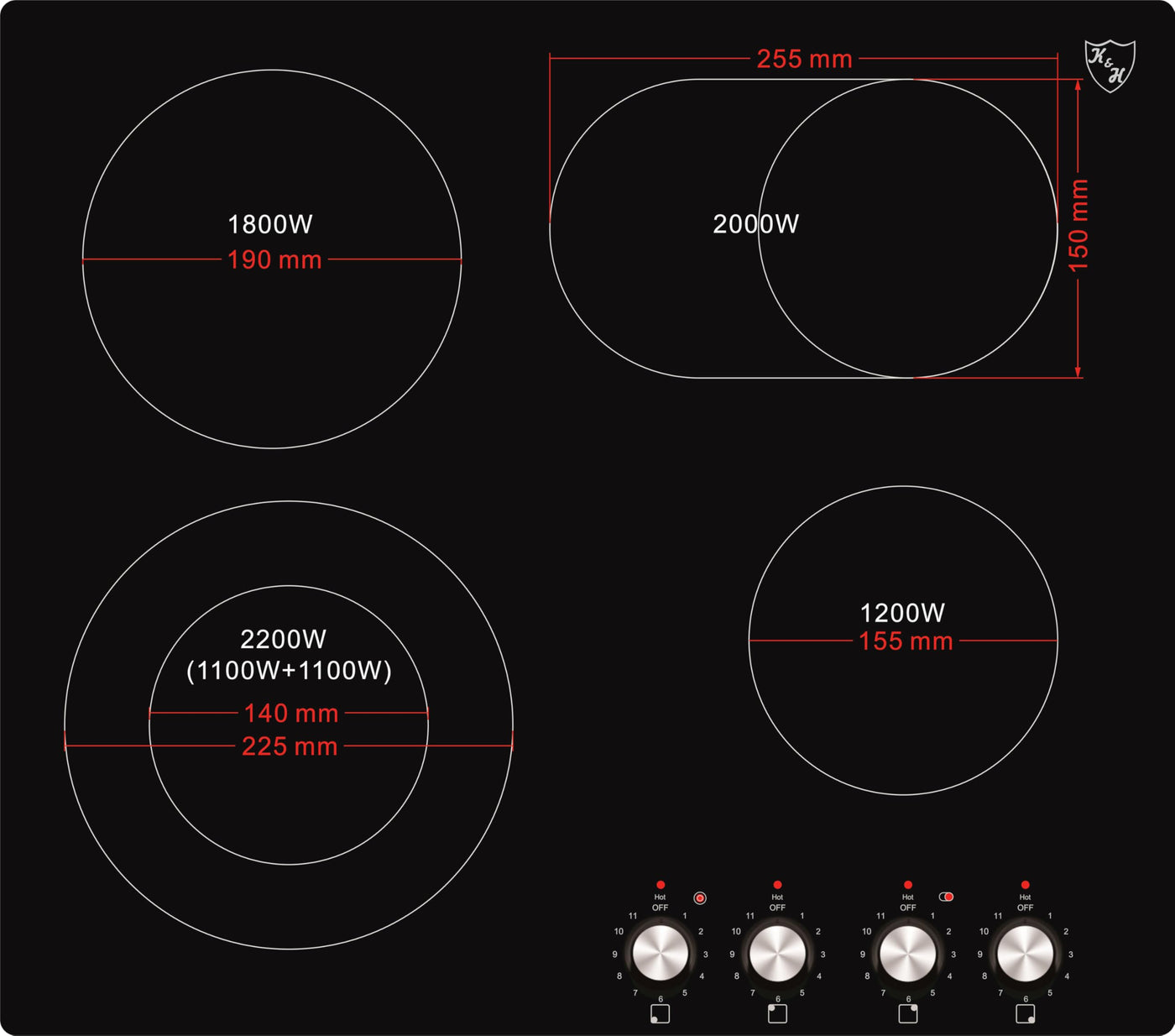 K&H 4 Zonen Glaskeramikkochfeld 59cm Knebel Steuerung Elektro Autark Eingebaut CK-7206K