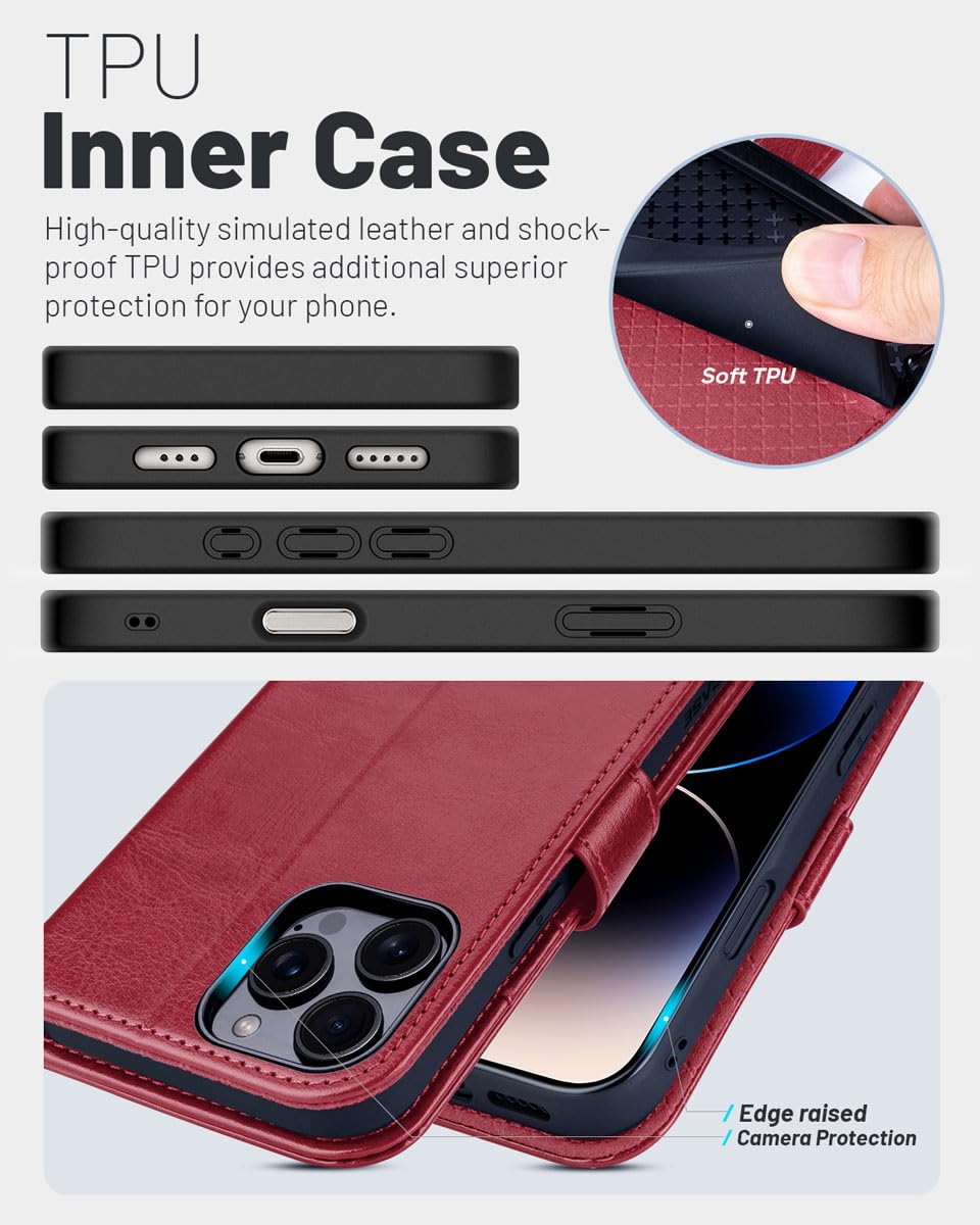 OCASE iPhone 16 Pro Max Hülle Handyhülle Premium PU Leder, Kartenfach Standfunktion, RFID Rohutzhülle Klapphülle Handytasche Lederhülle Kompatibel für iPhone 16 Pro Max (6,9 Zoll) Rot