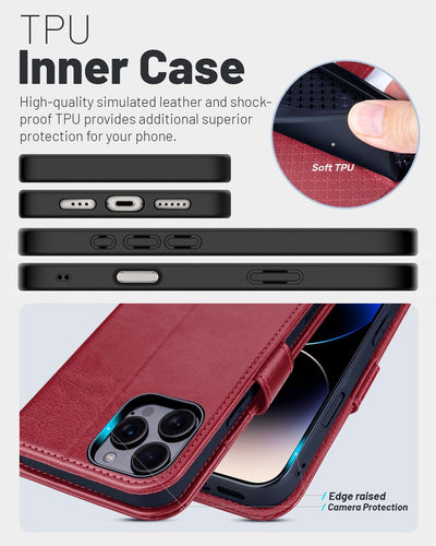 OCASE iPhone 16 Pro Max Hülle Handyhülle Premium PU Leder, Kartenfach Standfunktion, RFID Rohutzhülle Klapphülle Handytasche Lederhülle Kompatibel für iPhone 16 Pro Max (6,9 Zoll) Rot