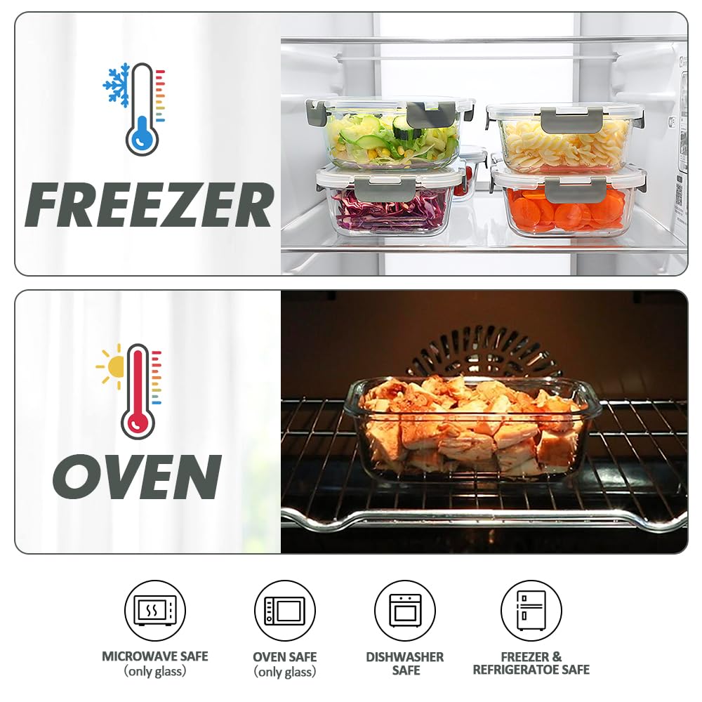 VERONES 24 Stück Glas Crisper Set, luftdichte Glas-Lunchboxen, stapelbare Glas-Lunchboxen mit Deckel, gefrier- und spülmaschinenfest, grau