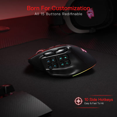 Redragon M811 Pro Wireless MMO Gaming Maus, 15 Programmierbare Tasten, RGB-Maus, 10 Seitlichen Makrotasten, Software Unterstützt DIY Tastaturbelegungen & Hintergrundbeleuchtung