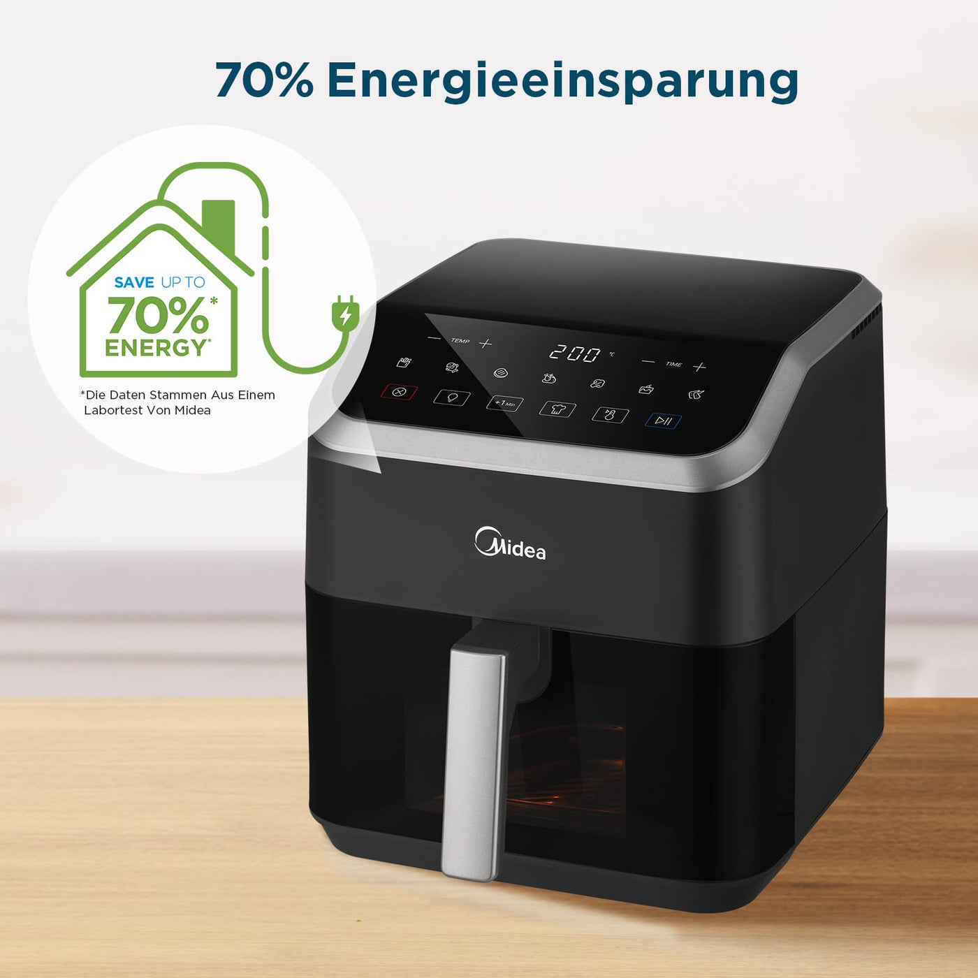 Midea Heißluftfritteuse 5L Fassungsvermögen, HeatXpress Technologie 90% weniger Öl, Energie- und Zeitersparnis mit 7 Voreinstellungen, Easy-View Fenster & Licht, Antihaft, Schwarz