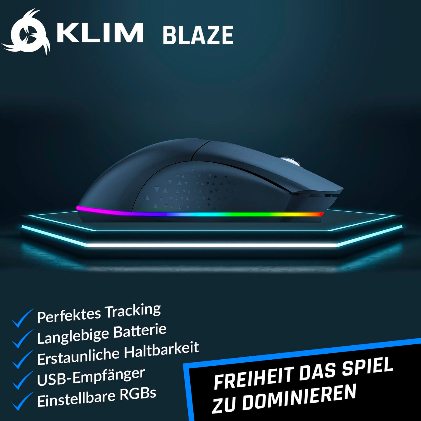 KLIM Blaze - Wiederaufladbare kabellose RGB Gaming Maus - NEU 2023 - Hochpräziser Sensor mit Langer Akkudauer - Einstellbar auf bis zu 10000 DPI - Kabel- und Funk Maus Modus (Schwarz)