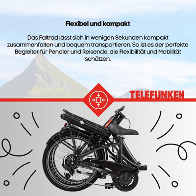 TELEFUNKEN E-Bike Klapprad Elektrofahrrad Alu, 7 Gang Kettenschaltung - Pedelec Faltrad Leicht, 250 W und 10,4 Ah / 36 V Lithium-Ionen-Akku, LCD-Display, 20 Zoll, Kompakt F810