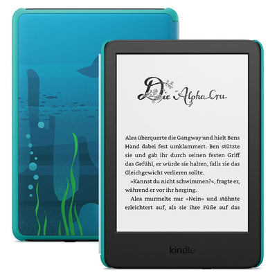 Amazon Kindle Kids (16 GB) – Falls das Gerät kaputtgeht, ersetzen wir es. Inklusive altersgerechter Bücher, Hülle, blendfreiem Bildschirm und schnellerem Umblättern – Ozeanentdecker-Design