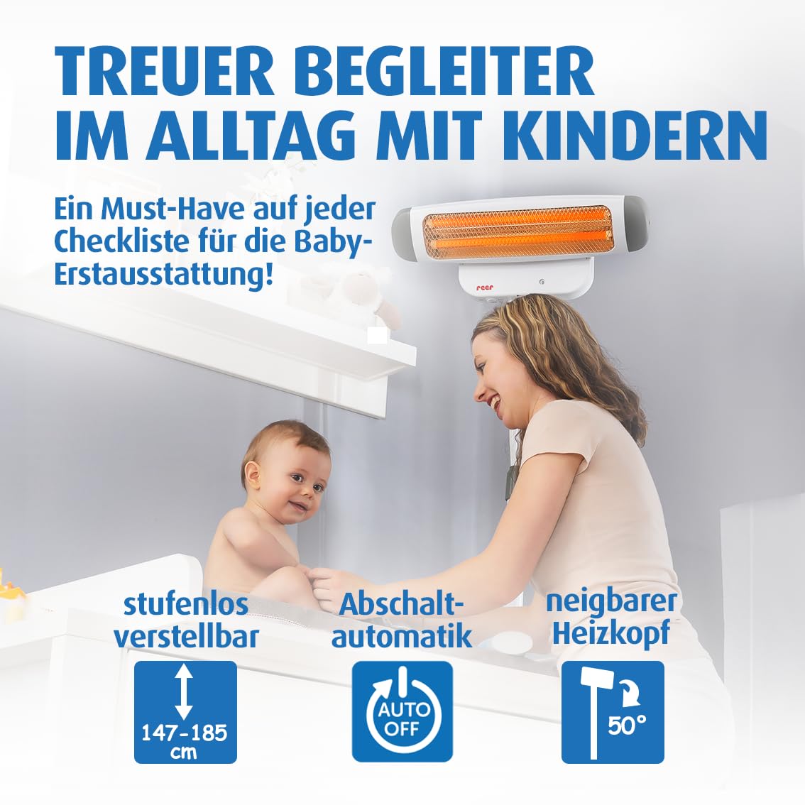 reer Wickeltischstrahler FeelWell 2in1, Standheizstrahler und Wandmontage, 2 Heizstufen, Timer, Kippsicherung, geprüft nach Medizinstandard, Weiß, aus Metall