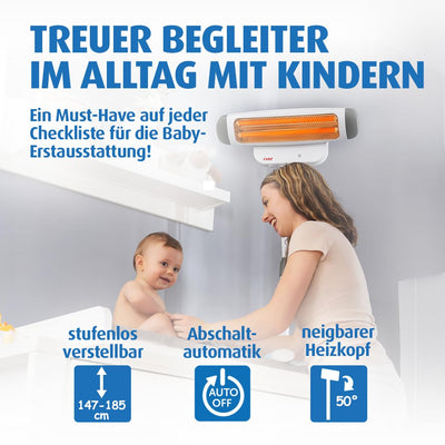 reer Wickeltischstrahler FeelWell 2in1, Standheizstrahler und Wandmontage, 2 Heizstufen, Timer, Kippsicherung, geprüft nach Medizinstandard, Weiß, aus Metall