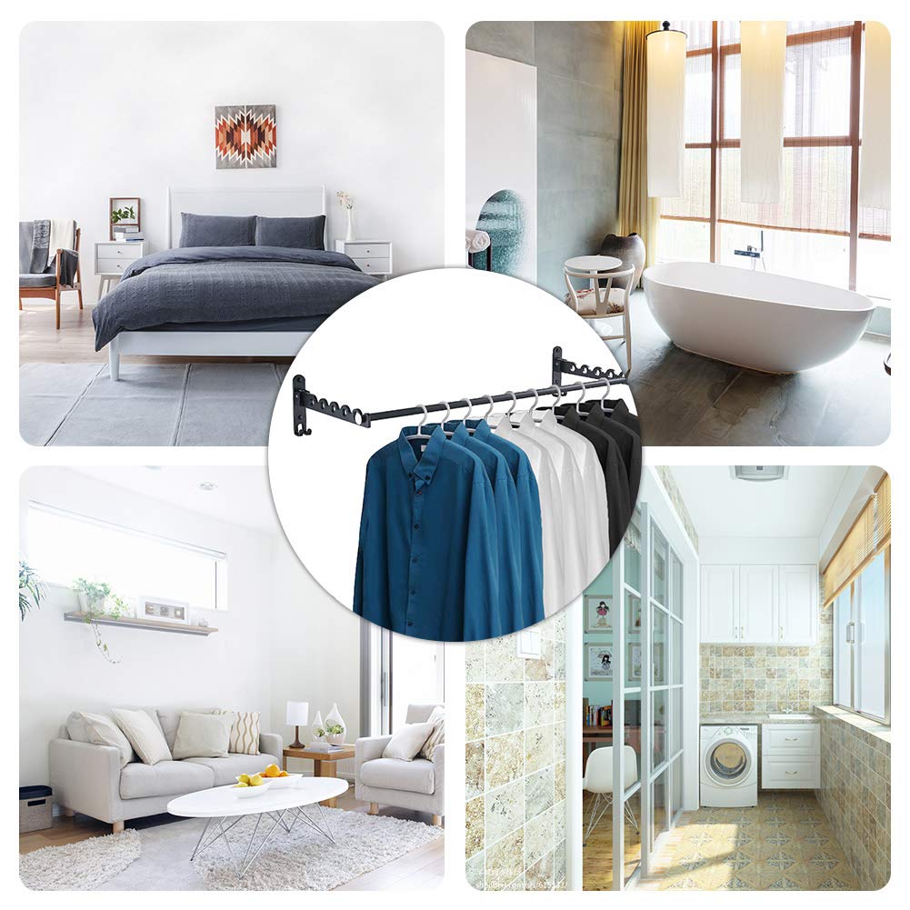 LIVEHITOP Kleiderstange Wand, Faltbarer Wäscheständer Zubehör Kleiderbügel Hakenstange Stange Aluminium für Badezimmer Schlafzimmer Hotel (Schwarz, 2)