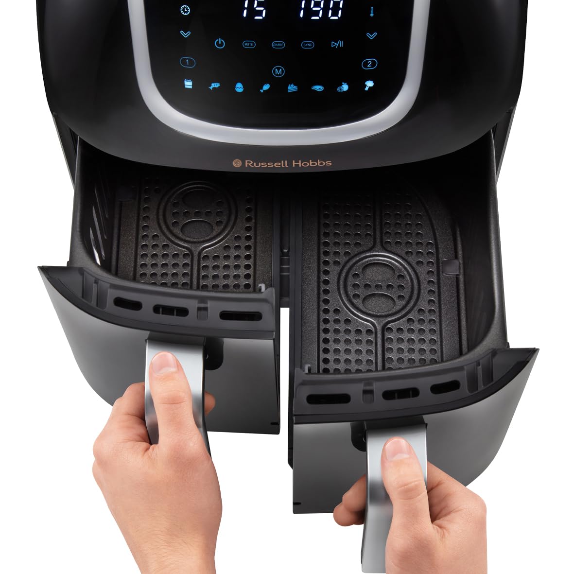 Russell Hobbs Heißluftfritteuse Doppelkammer [2 Fächer je 4,25l, nur getrennt nutzbar, Gesamtvolumen 8,5l] Rapid Air Fryer Technik (8 Programme, spülmaschinenfest,Touchscreen) AirFryer 27290-56S