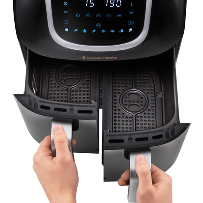 Russell Hobbs Heißluftfritteuse Doppelkammer [2 Fächer je 4,25l, nur getrennt nutzbar, Gesamtvolumen 8,5l] Rapid Air Fryer Technik (8 Programme, spülmaschinenfest,Touchscreen) AirFryer 27290-56S