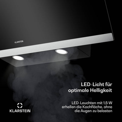 Klarstein FlashLine Dunstabzugshaube – 90 cm Kopffreihaube, Touchscreen, 524 m³/h, A++ Energieeffizienz, LED-Beleuchtung, 34,5 dB, Schwarz, Abluft- und Umluftbetrieb