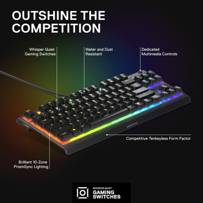 SteelSeries Apex 3 TKL RGB Gaming Tastatur - Tenkeyless Compact Formfaktor - 8-Zonen RGB Beleuchtung - IP32 Wasser- & Staubabweisend - Flüsterleiser Gaming Switch - Gaming Grade Anti-Ghosting