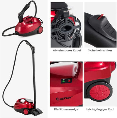 RELAX4LIFE Dampfreiniger 2000W, Bodendampfreiniger mit 19 Zubehör/ 4 Bar/Tank 1,5 L/Dampfzeit bis 45 Min./ bis 108°C/LED-Licht/ 3,7 m Netzkabel/Überhitzungsschutz/ IPX4, für Böden Teppiche (Rot)